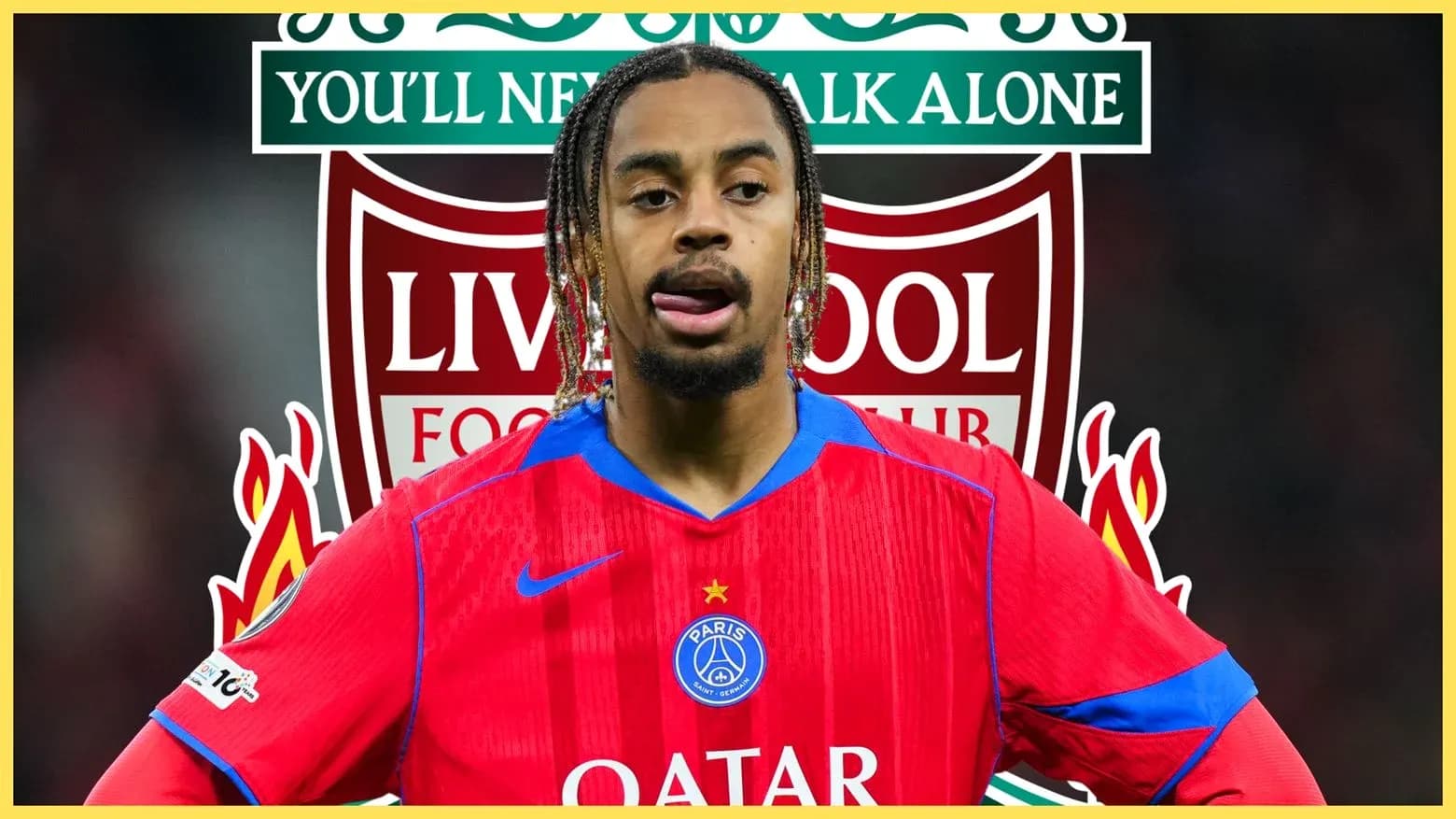 Игрок в красной форме PSG на фоне логотипа Liverpool
