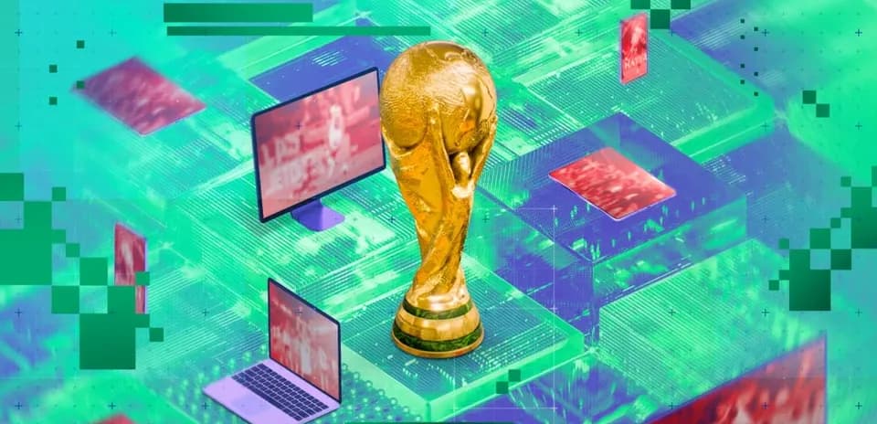 Золотой трофей чемпионата мира на фоне экранов