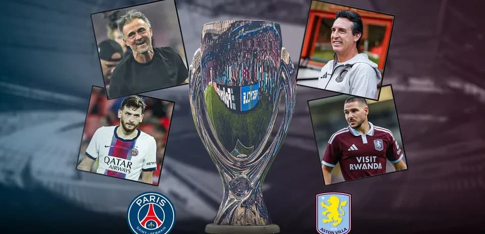 Трофей между PSG и Aston Villa с тренерами и игроками