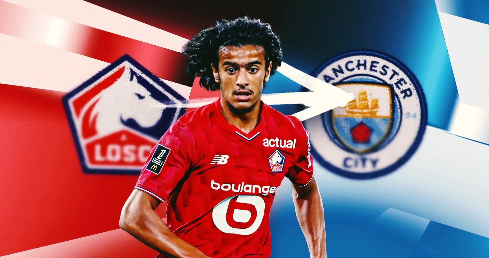 Игрок LOSC в красной форме на фоне логотипов клубов