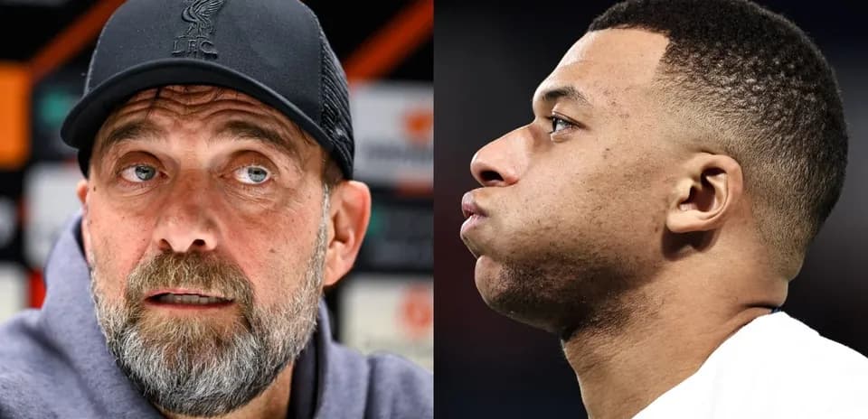 Jurgen Klopp and Kylian Mbappe in separate poses