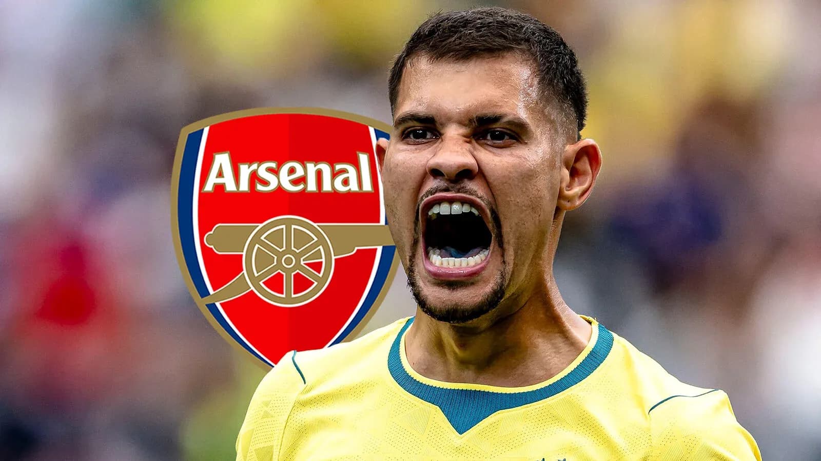 Игрок кричит на фоне логотипа Arsenal
