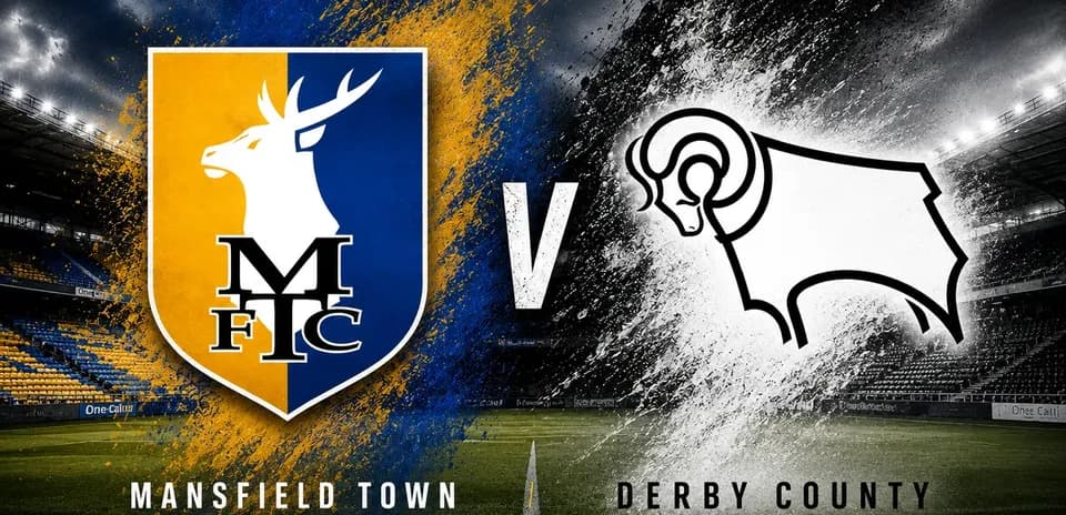 Логотипы Mansfield Town и Derby County с матчем между ними