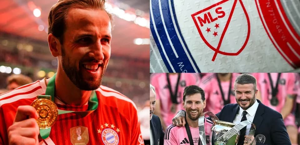 Гарри Кейн с медалью, логотип MLS и Месси с Бекхэмом