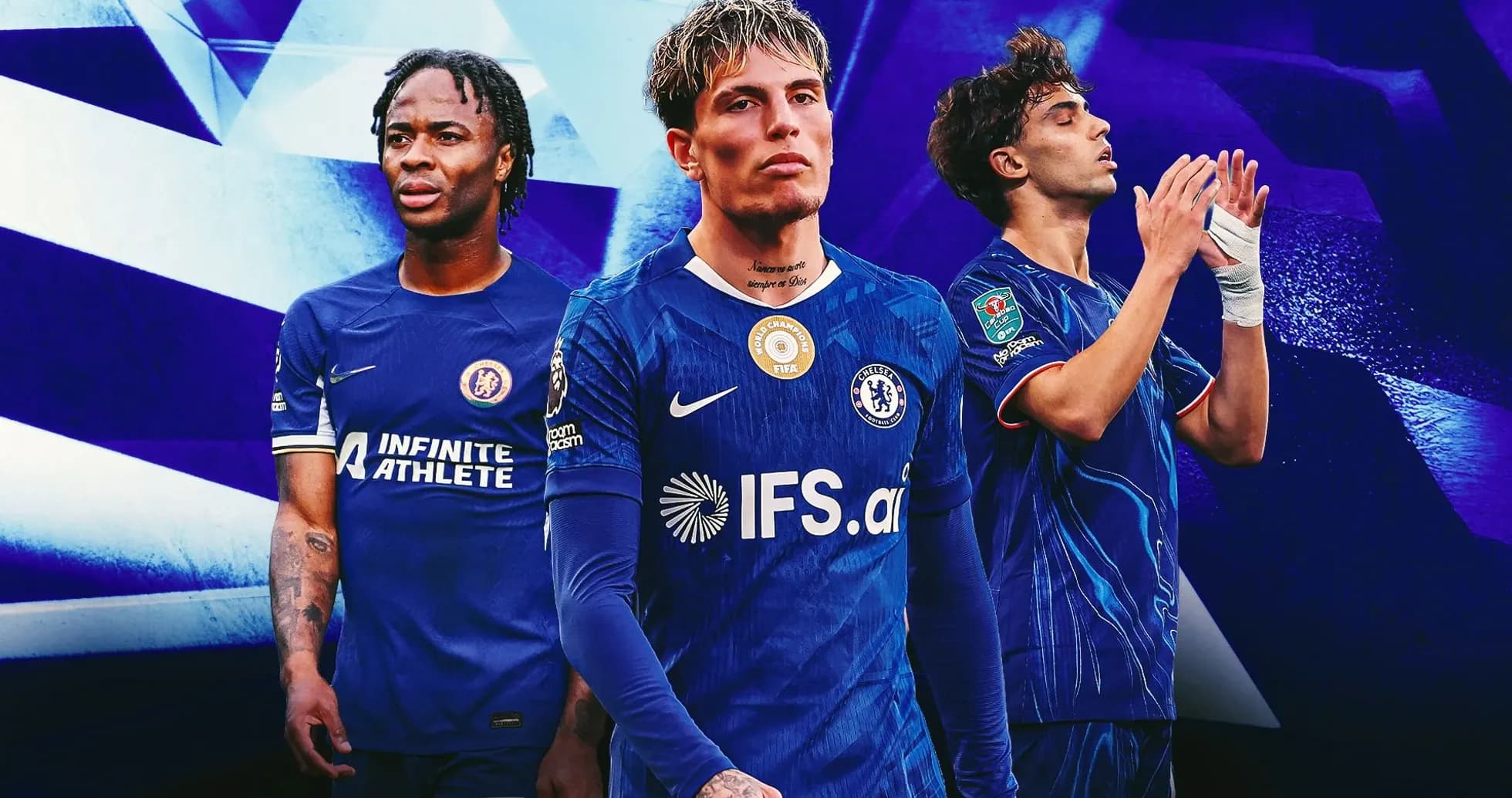Трое футболистов Chelsea в синей форме на фоне Трое футболистов Chelsea в синей форме на фоне