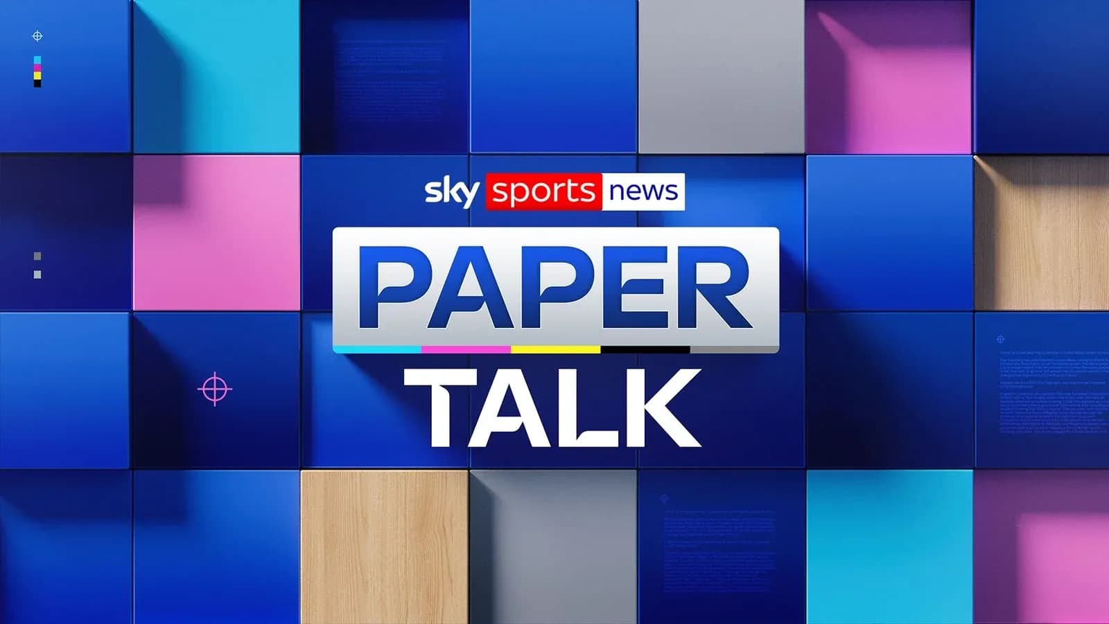 Логотип Sky Sports News Paper Talk на фоне цветных панелей Логотип Sky Sports News Paper Talk на фоне цветных панелей