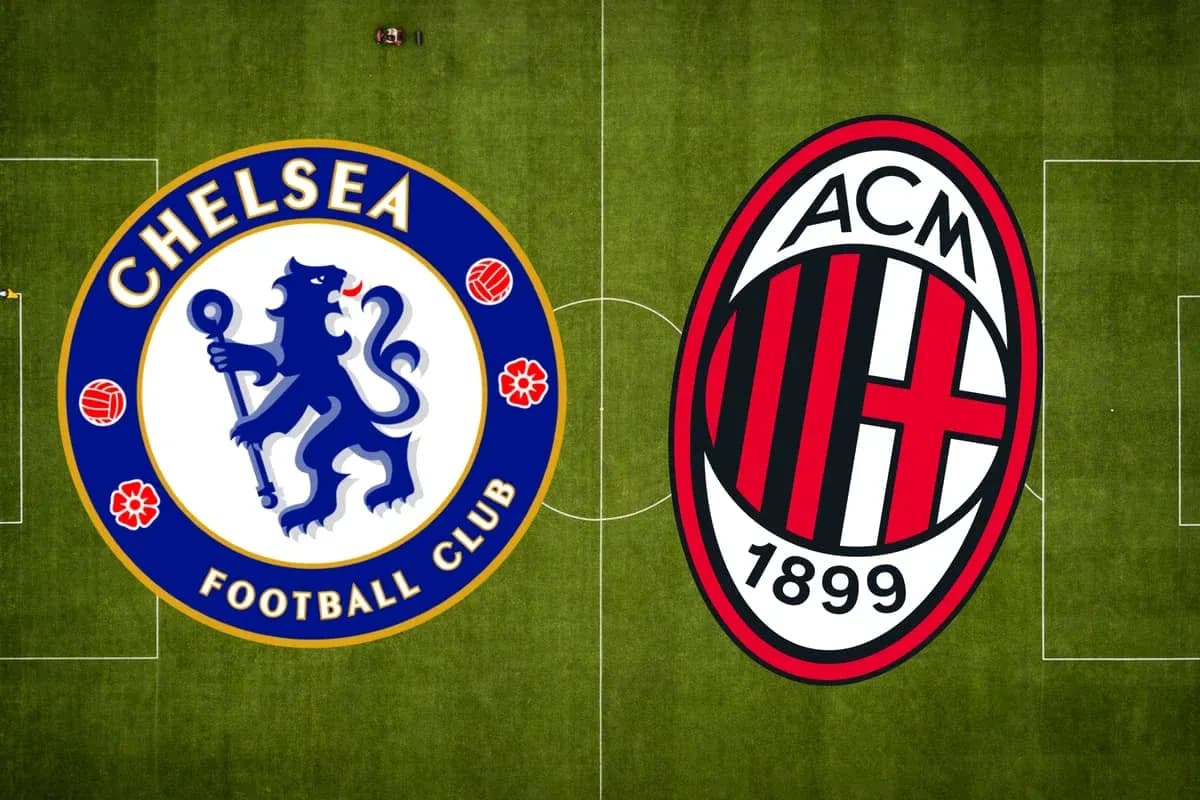 Логотипы Chelsea и AC Milan на футбольном поле Логотипы Chelsea и AC Milan на футбольном поле