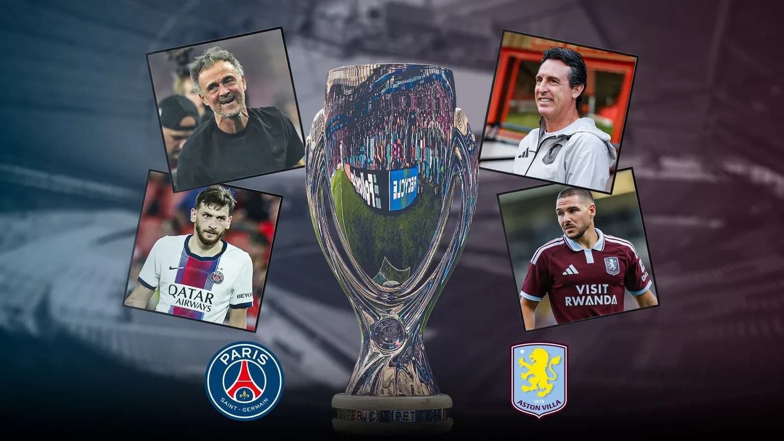 Трофей между PSG и Aston Villa с тренерами и игроками Трофей между PSG и Aston Villa с тренерами и игроками