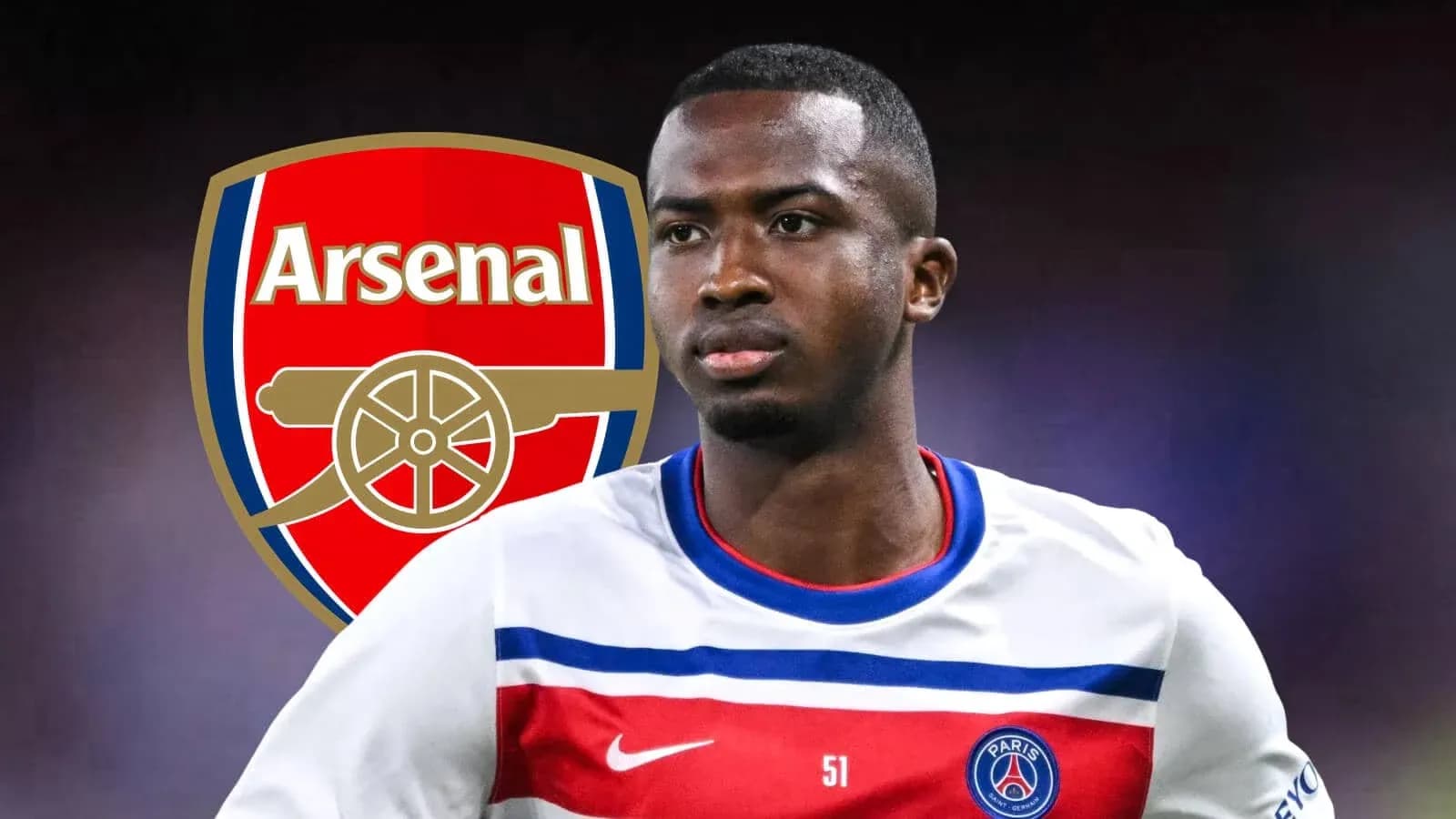 Игрок в форме PSG с логотипом Arsenal на фоне Игрок в форме PSG с логотипом Arsenal на фоне