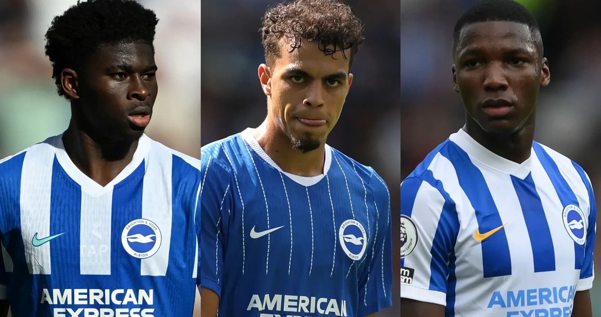 Трое игроков Brighton в синей форме на поле Трое игроков Brighton в синей форме на поле