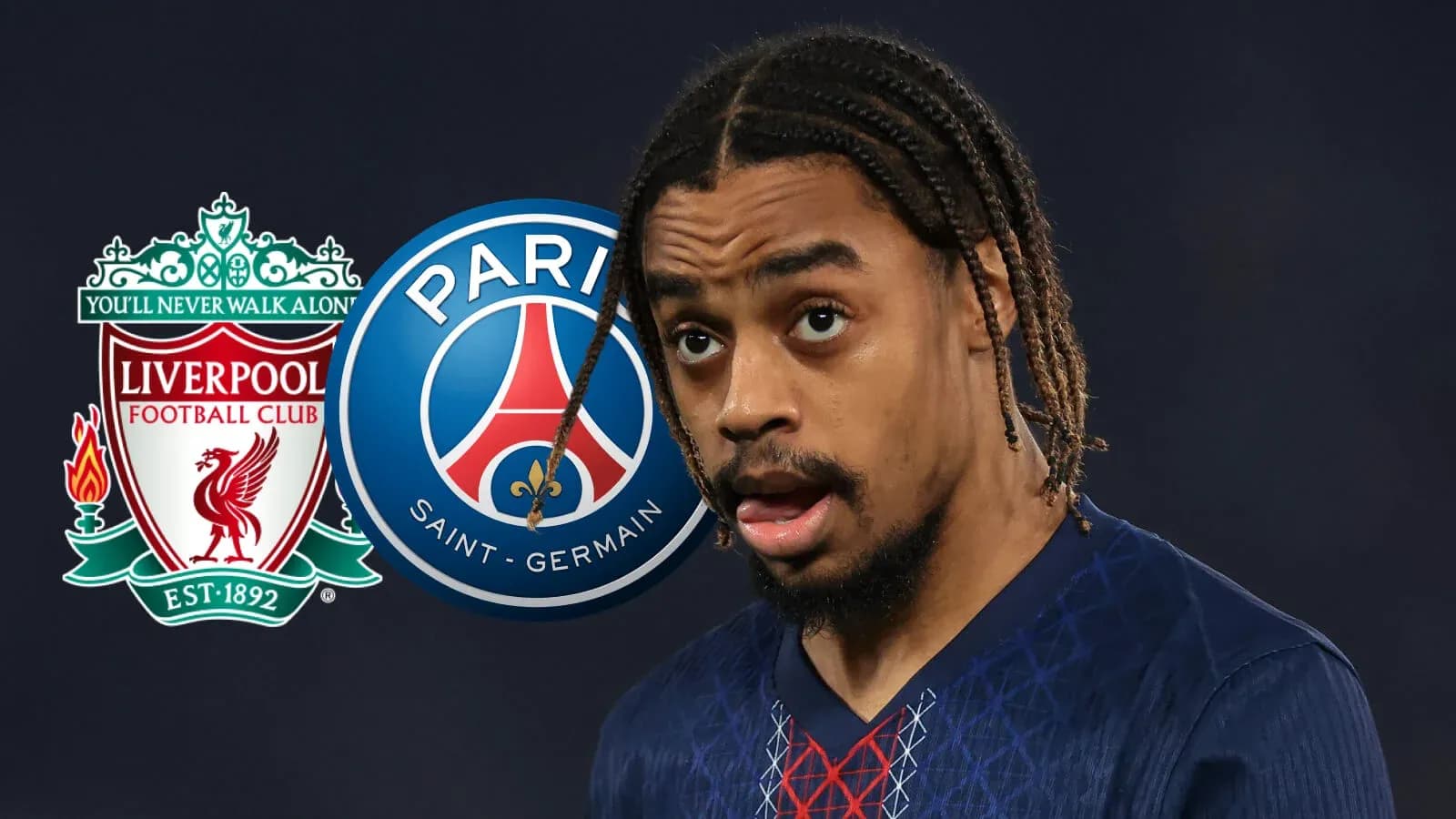 Игрок в форме PSG с логотипами Liverpool и PSG Игрок в форме PSG с логотипами Liverpool и PSG