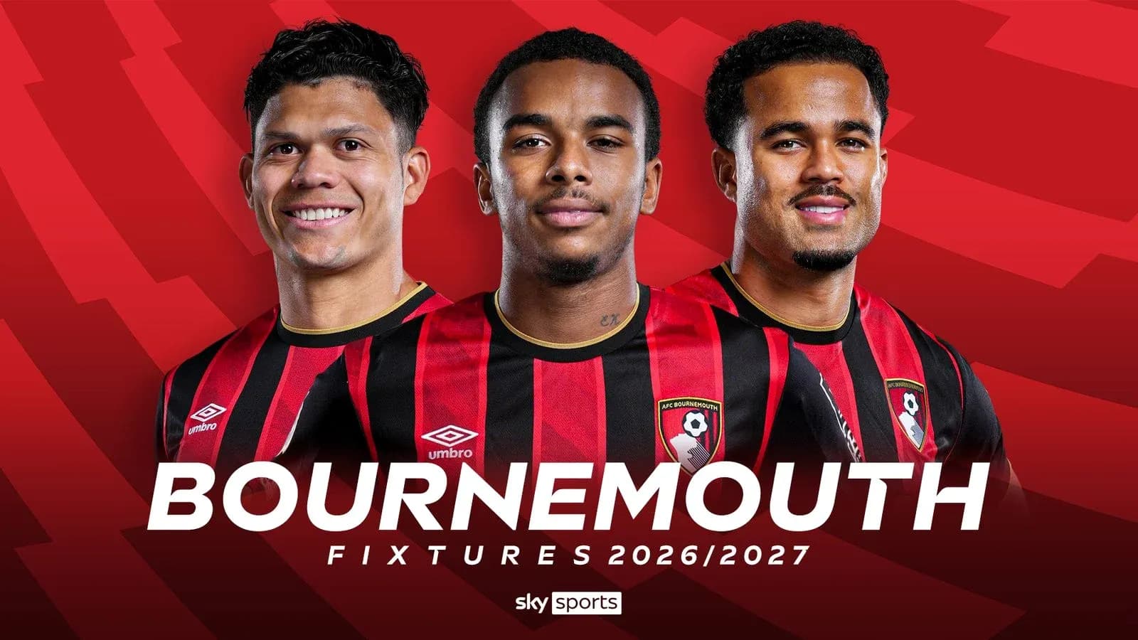 Трое игроков Bournemouth в клубной форме на фоне Трое игроков Bournemouth в клубной форме на фоне