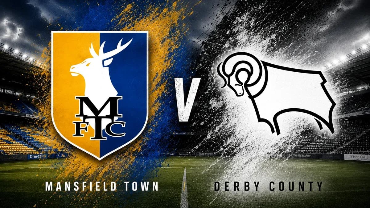 Логотипы Mansfield Town и Derby County с матчем между ними Логотипы Mansfield Town и Derby County с матчем между ними
