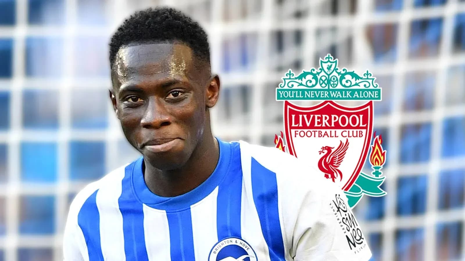 Игрок в форме Brighton с логотипом Liverpool на фоне Игрок в форме Brighton с логотипом Liverpool на фоне