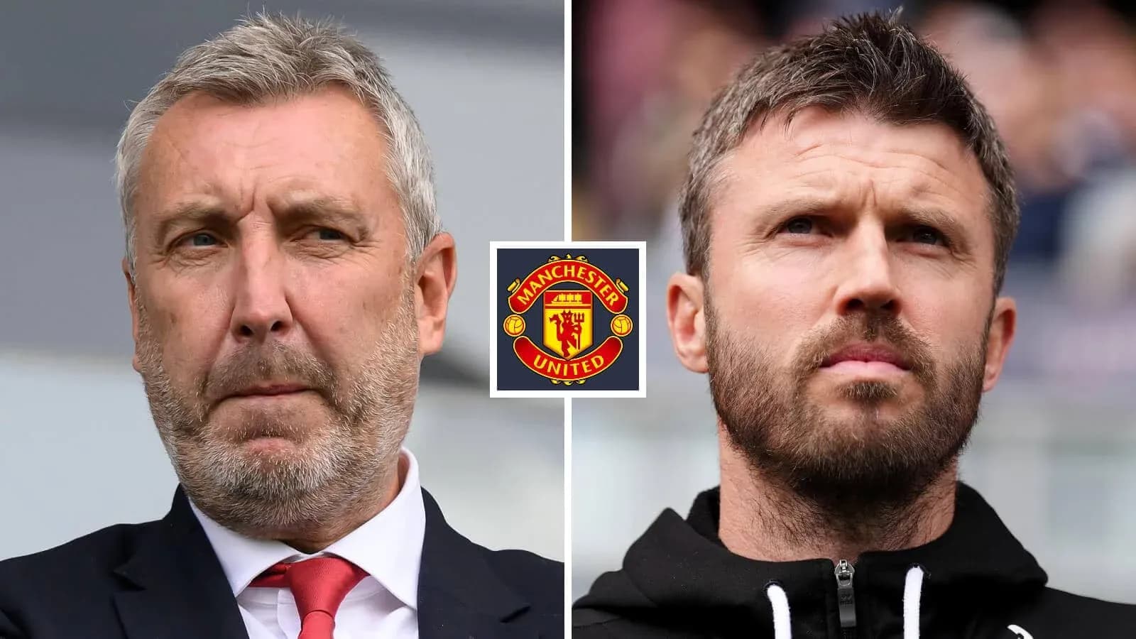 Два тренера на фоне логотипа Manchester United Два тренера на фоне логотипа Manchester United