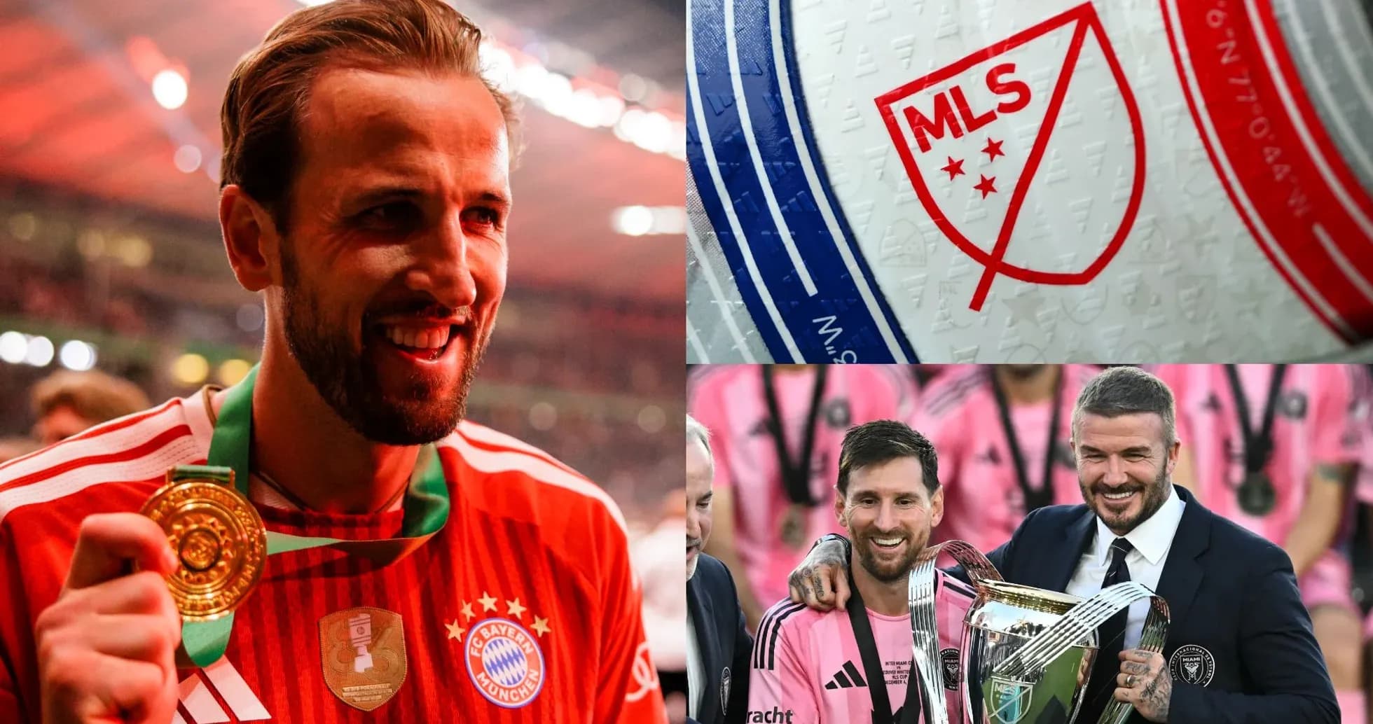 Гарри Кейн с медалью, логотип MLS и Месси с Бекхэмом Гарри Кейн с медалью, логотип MLS и Месси с Бекхэмом